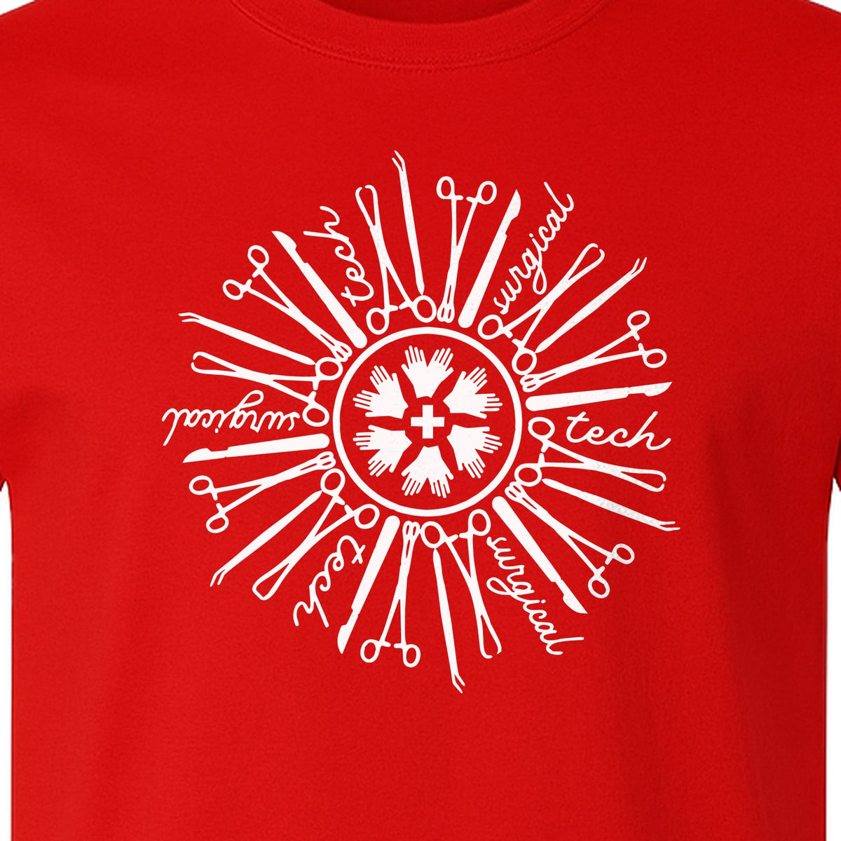 Surgical Tech T-Shirt, White Instrument Circle Design for Operating Room Technologists