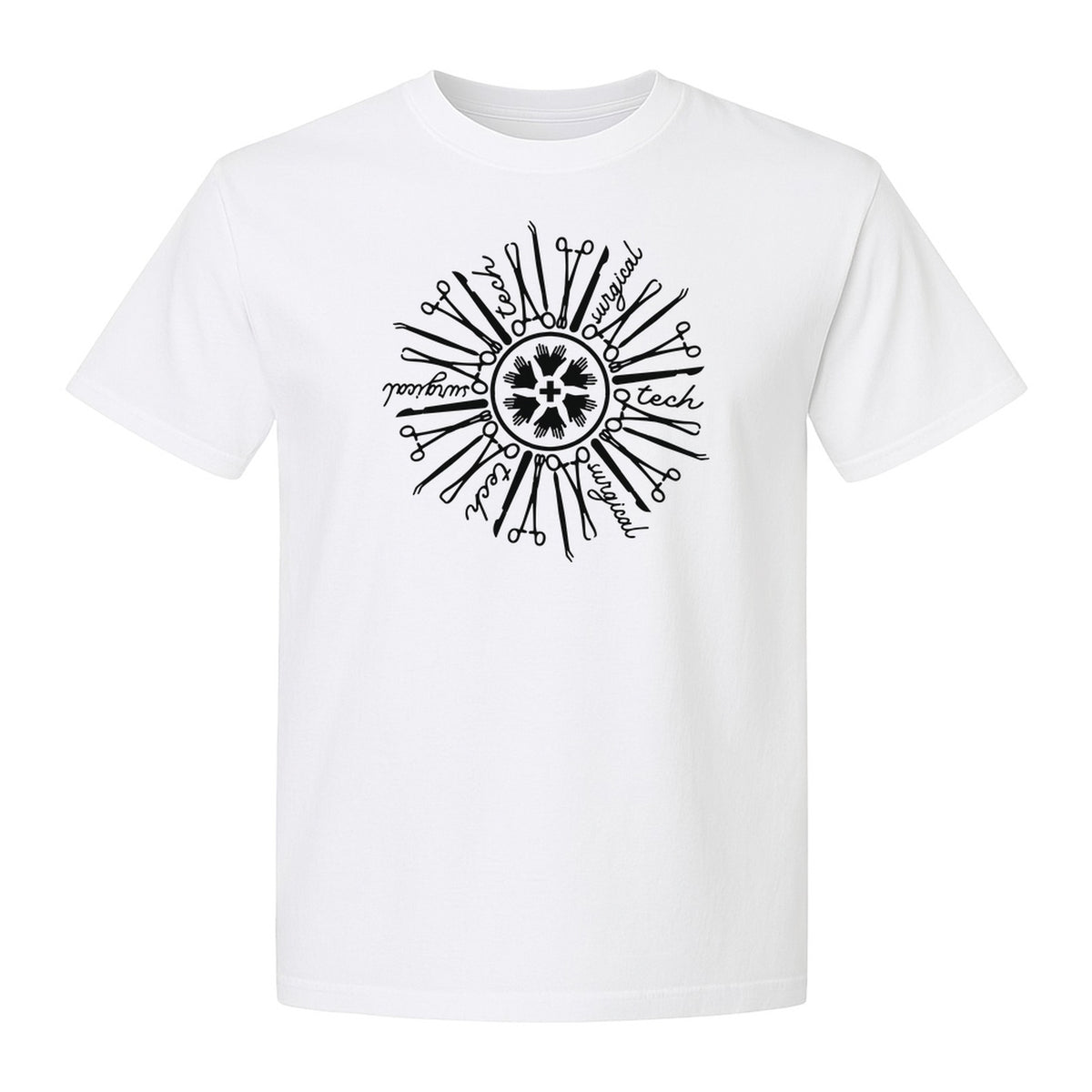 Surgical Tech T-Shirt, White Instrument Circle Design for Operating Room Technologists