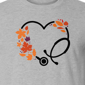 Nurse Fall T-Shirt, Autumn Leaf Heart Stethoscope Design for Healthcare Workers