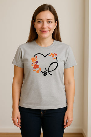 Nurse Fall T-Shirt, Autumn Leaf Heart Stethoscope Design for Healthcare Workers