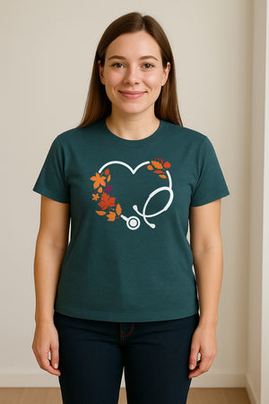Nurse Fall T-Shirt, Autumn Leaf Heart Stethoscope Design for Healthcare Workers