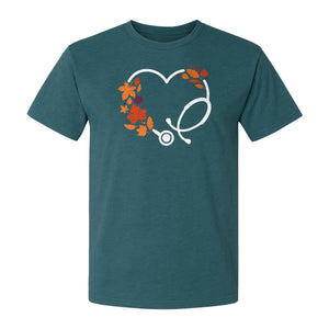 Nurse Fall T-Shirt, Autumn Leaf Heart Stethoscope Design for Healthcare Workers