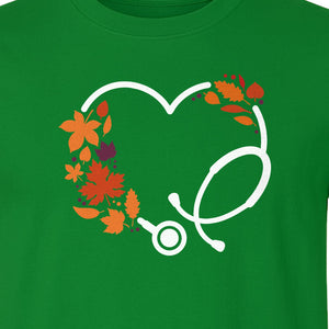 Nurse Fall T-Shirt, Autumn Leaf Heart Stethoscope Design for Healthcare Workers