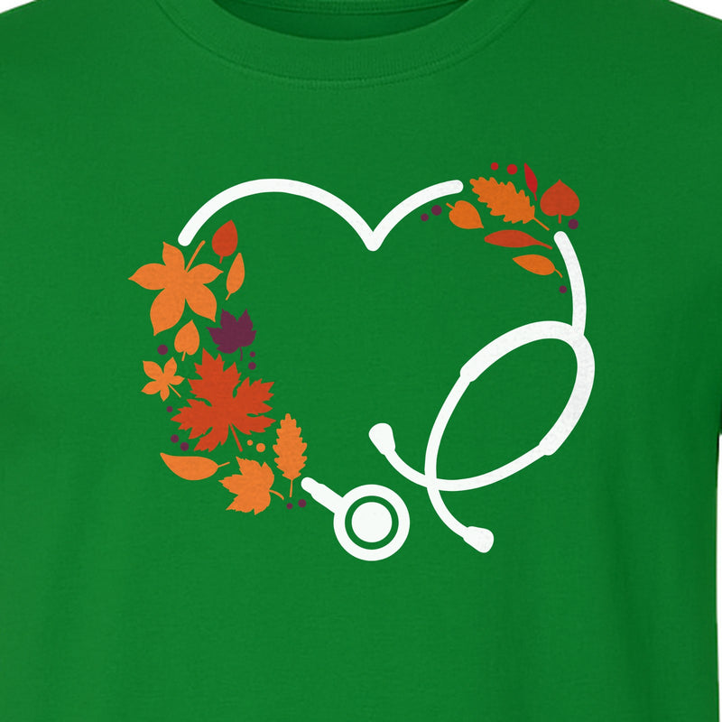 Nurse Fall T-Shirt, Autumn Leaf Heart Stethoscope Design for Healthcare Workers