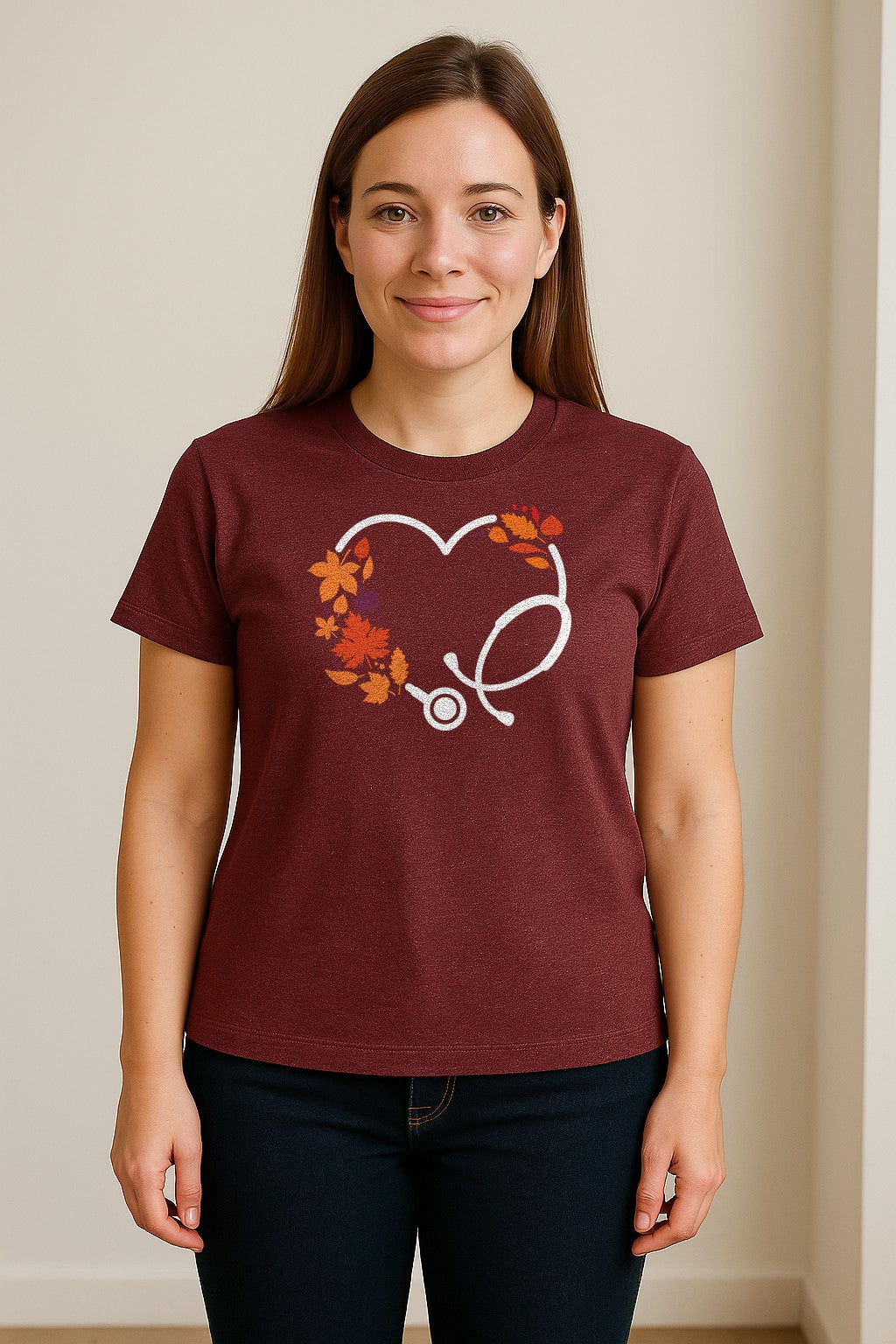 Nurse Fall T-Shirt, Autumn Leaf Heart Stethoscope Design for Healthcare Workers