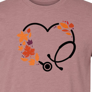Nurse Fall T-Shirt, Autumn Leaf Heart Stethoscope Design for Healthcare Workers