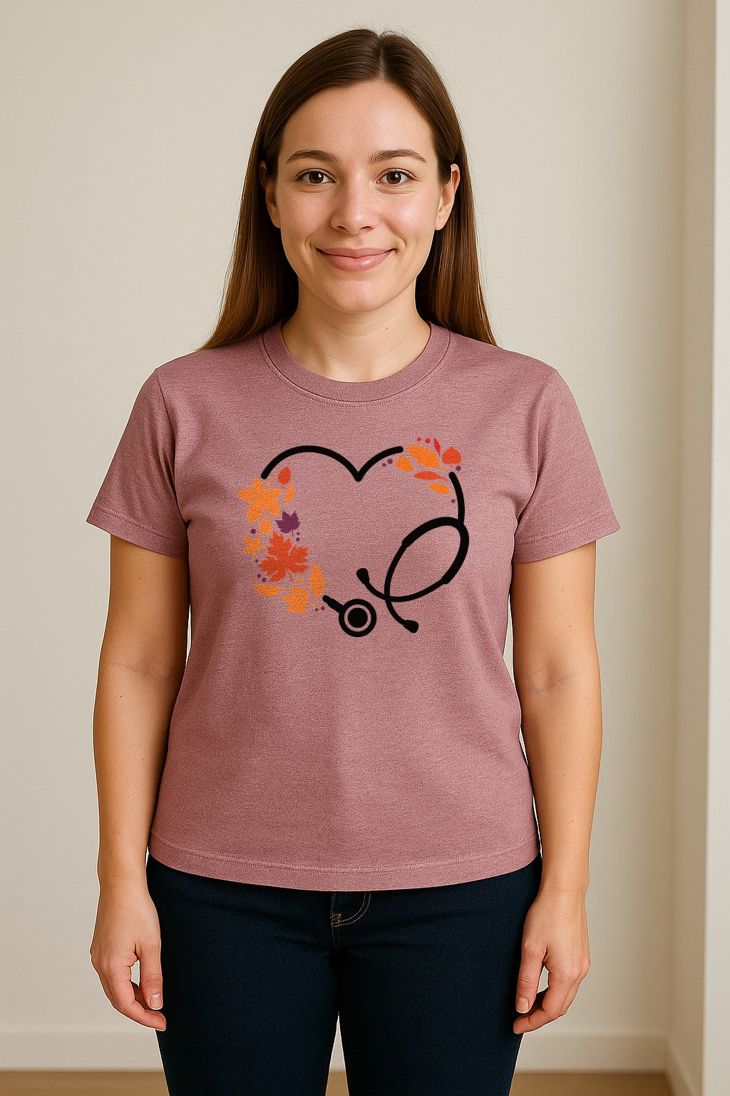 Nurse Fall T-Shirt, Autumn Leaf Heart Stethoscope Design for Healthcare Workers