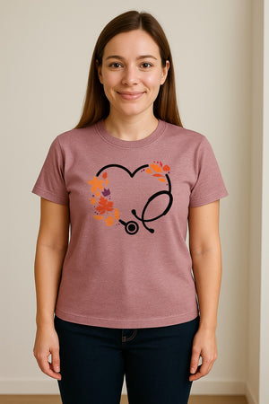Nurse Fall T-Shirt, Autumn Leaf Heart Stethoscope Design for Healthcare Workers