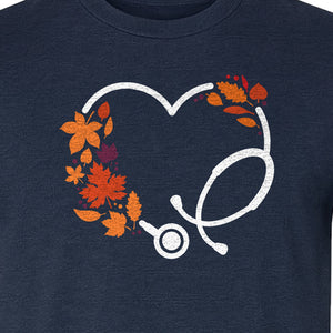 Nurse Fall T-Shirt, Autumn Leaf Heart Stethoscope Design for Healthcare Workers