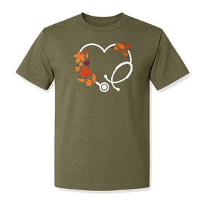 Nurse Fall T-Shirt, Autumn Leaf Heart Stethoscope Design for Healthcare Workers