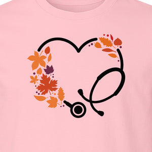 Nurse Fall T-Shirt, Autumn Leaf Heart Stethoscope Design for Healthcare Workers