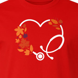 Nurse Fall T-Shirt, Autumn Leaf Heart Stethoscope Design for Healthcare Workers