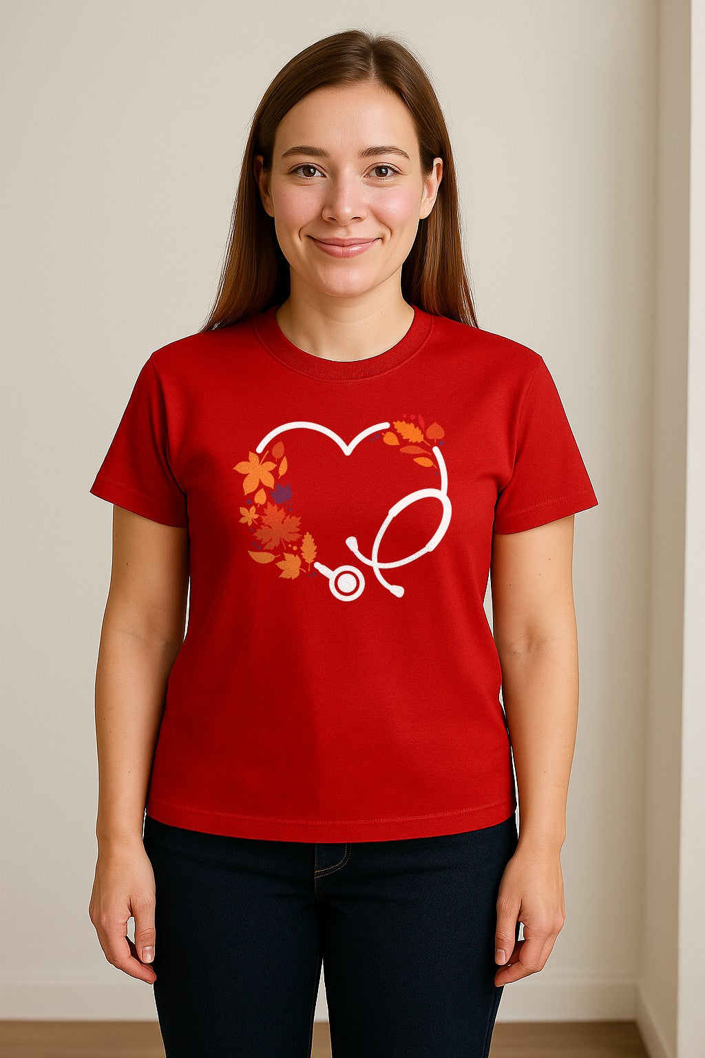 Nurse Fall T-Shirt, Autumn Leaf Heart Stethoscope Design for Healthcare Workers