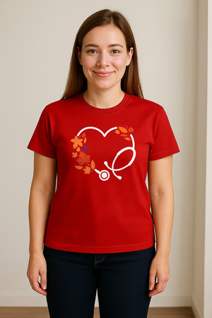 Nurse Fall T-Shirt, Autumn Leaf Heart Stethoscope Design for Healthcare Workers