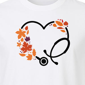 Nurse Fall T-Shirt, Autumn Leaf Heart Stethoscope Design for Healthcare Workers