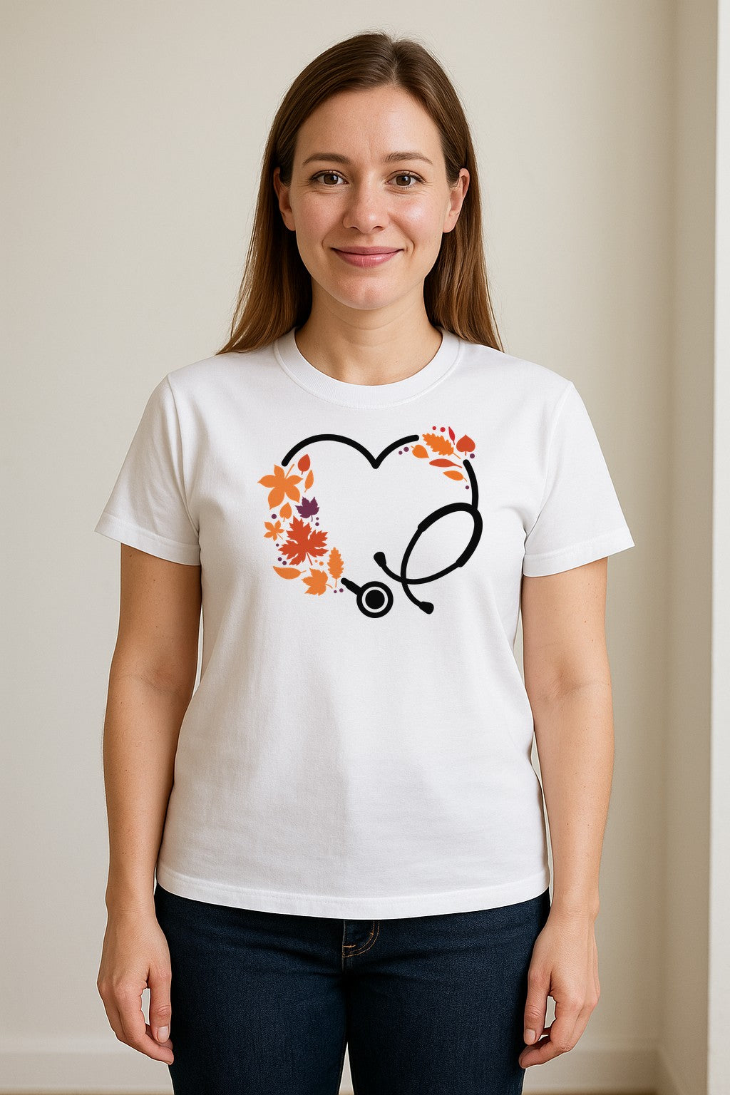 Nurse Fall T-Shirt, Autumn Leaf Heart Stethoscope Design for Healthcare Workers