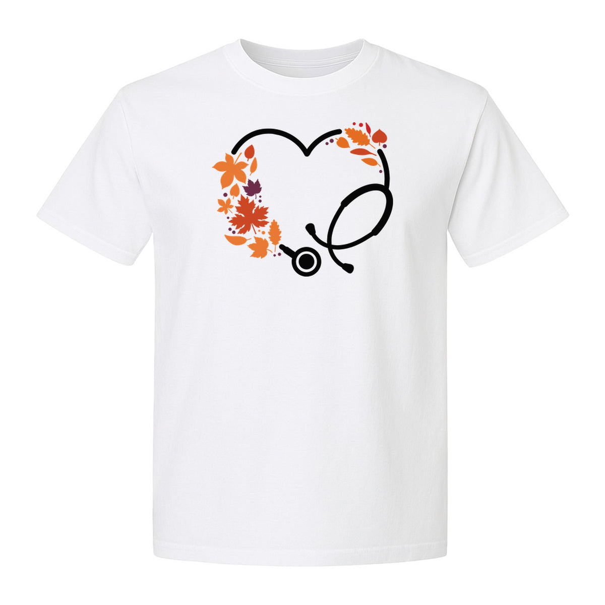 Nurse Fall T-Shirt, Autumn Leaf Heart Stethoscope Design for Healthcare Workers