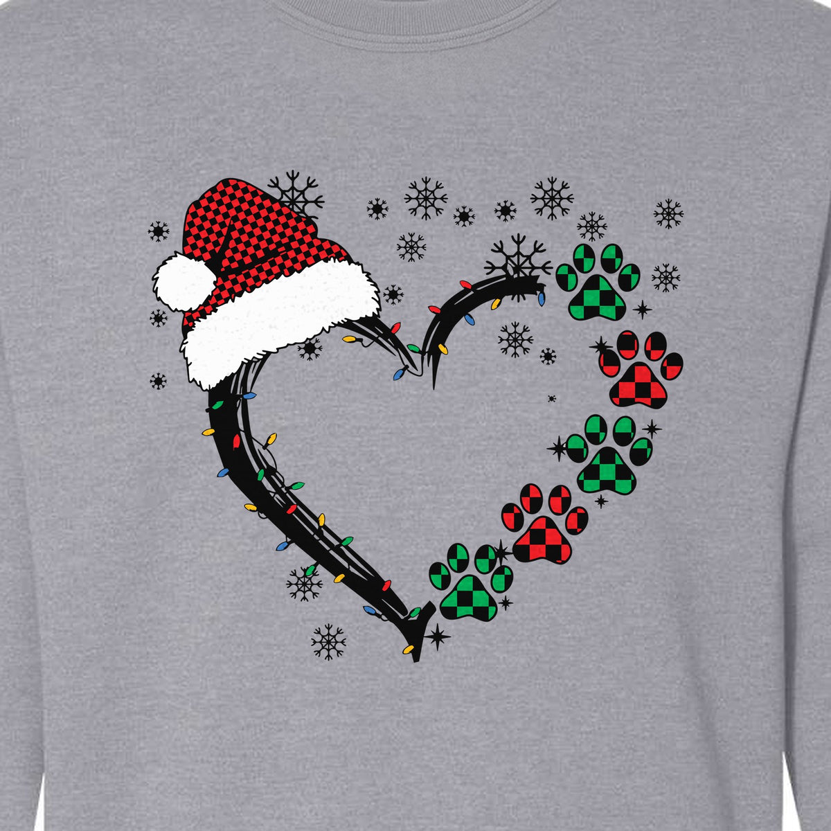 Christmas Dog Paw Heart Sweatshirt, Santa Hat and Light String Design for Pet Lovers