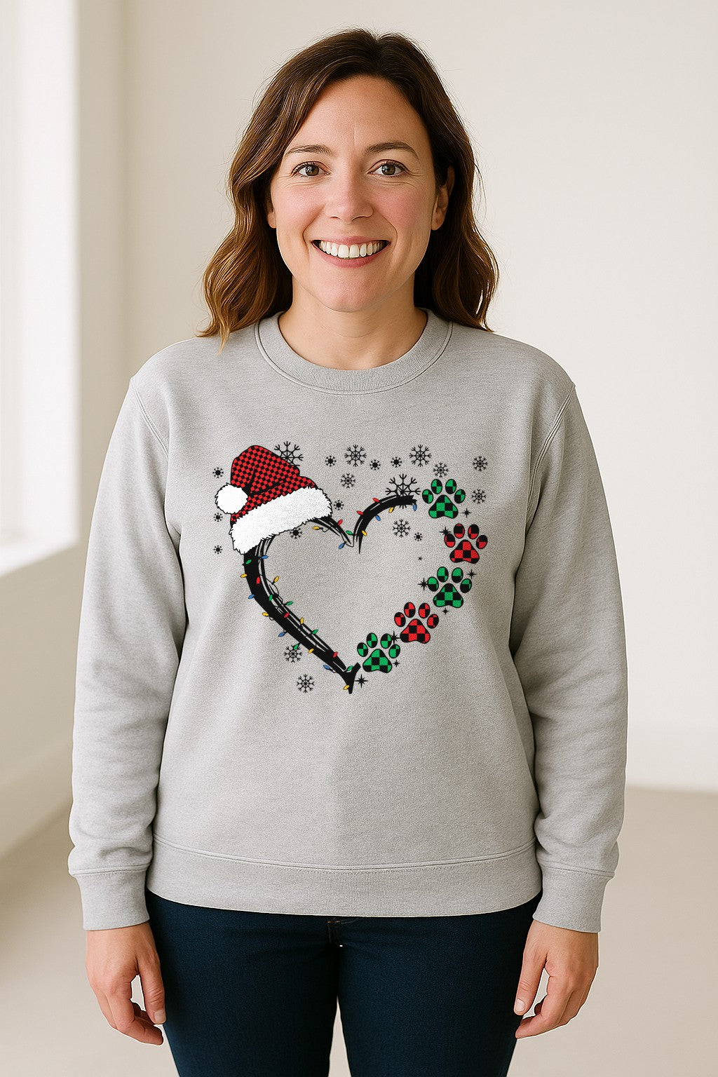 Christmas Dog Paw Heart Sweatshirt, Santa Hat and Light String Design for Pet Lovers