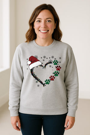 Christmas Dog Paw Heart Sweatshirt, Santa Hat and Light String Design for Pet Lovers