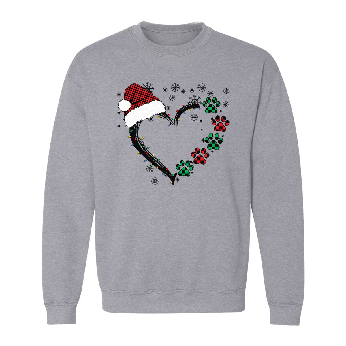 Christmas Dog Paw Heart Sweatshirt, Santa Hat and Light String Design for Pet Lovers