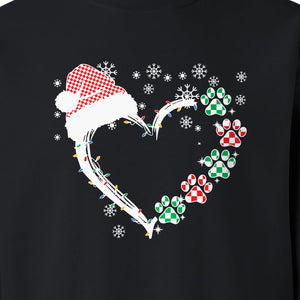 Christmas Dog Paw Heart Sweatshirt, Santa Hat and Light String Design for Pet Lovers