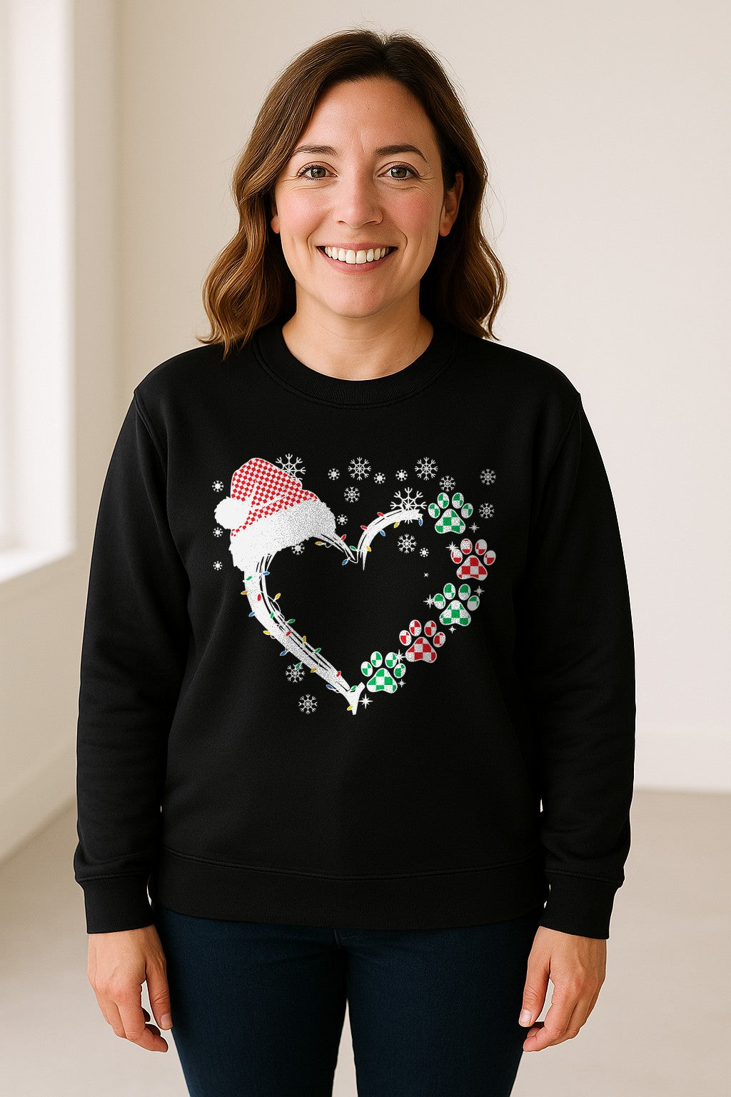 Christmas Dog Paw Heart Sweatshirt, Santa Hat and Light String Design for Pet Lovers