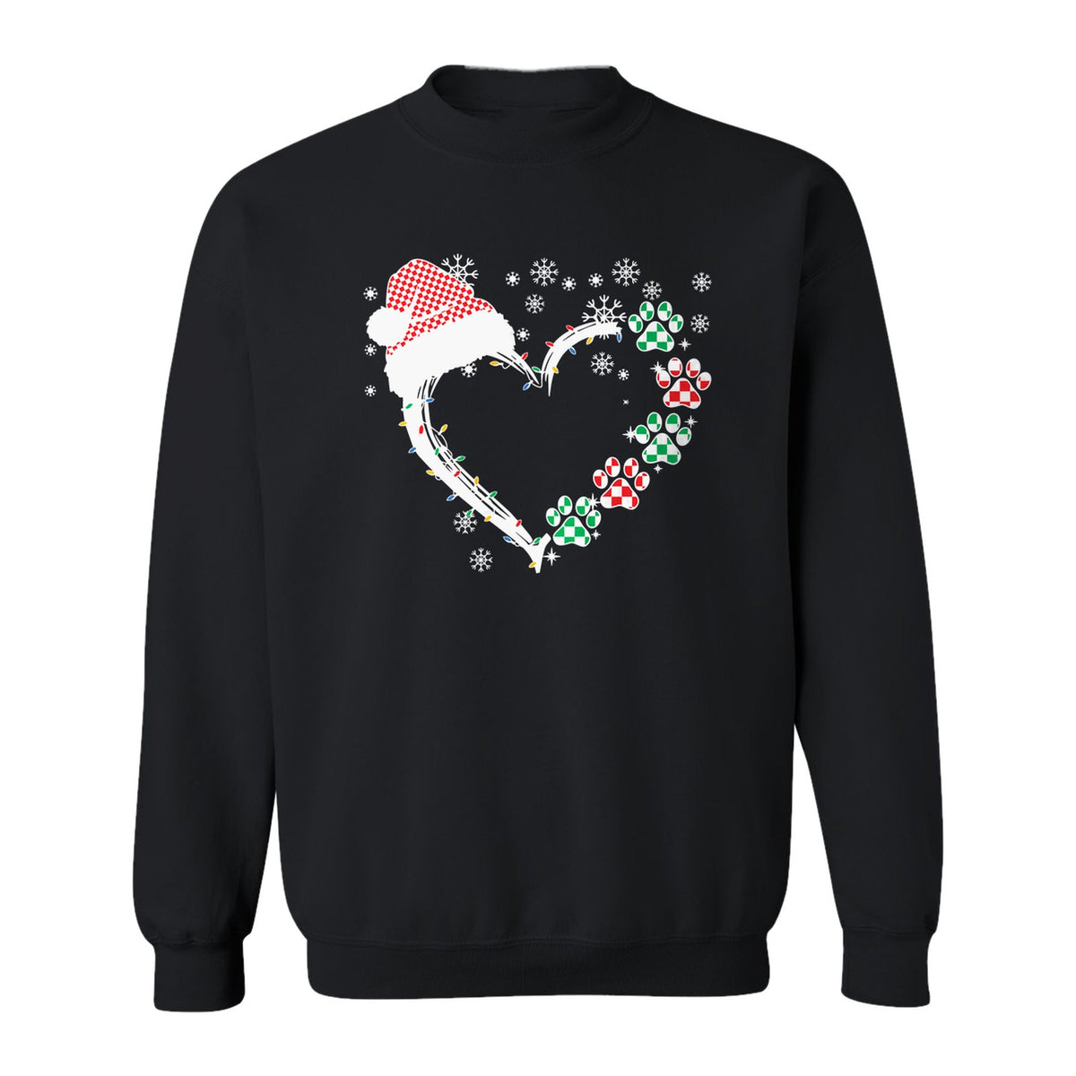 Christmas Dog Paw Heart Sweatshirt, Santa Hat and Light String Design for Pet Lovers