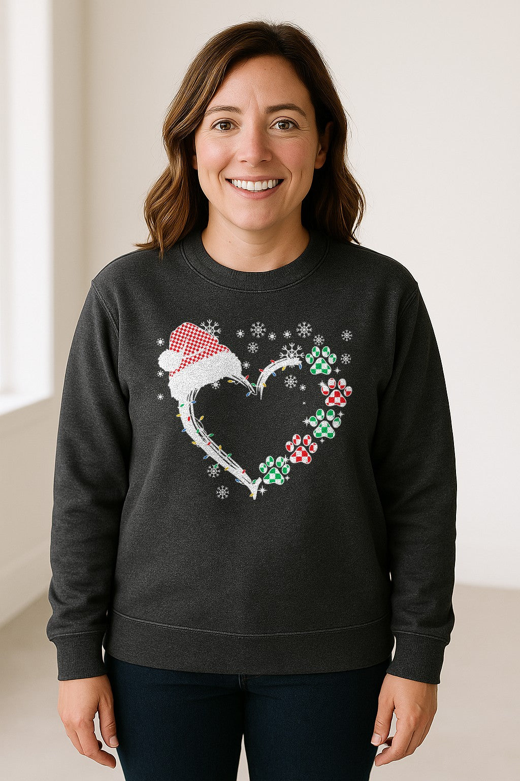 Christmas Dog Paw Heart Sweatshirt, Santa Hat and Light String Design for Pet Lovers