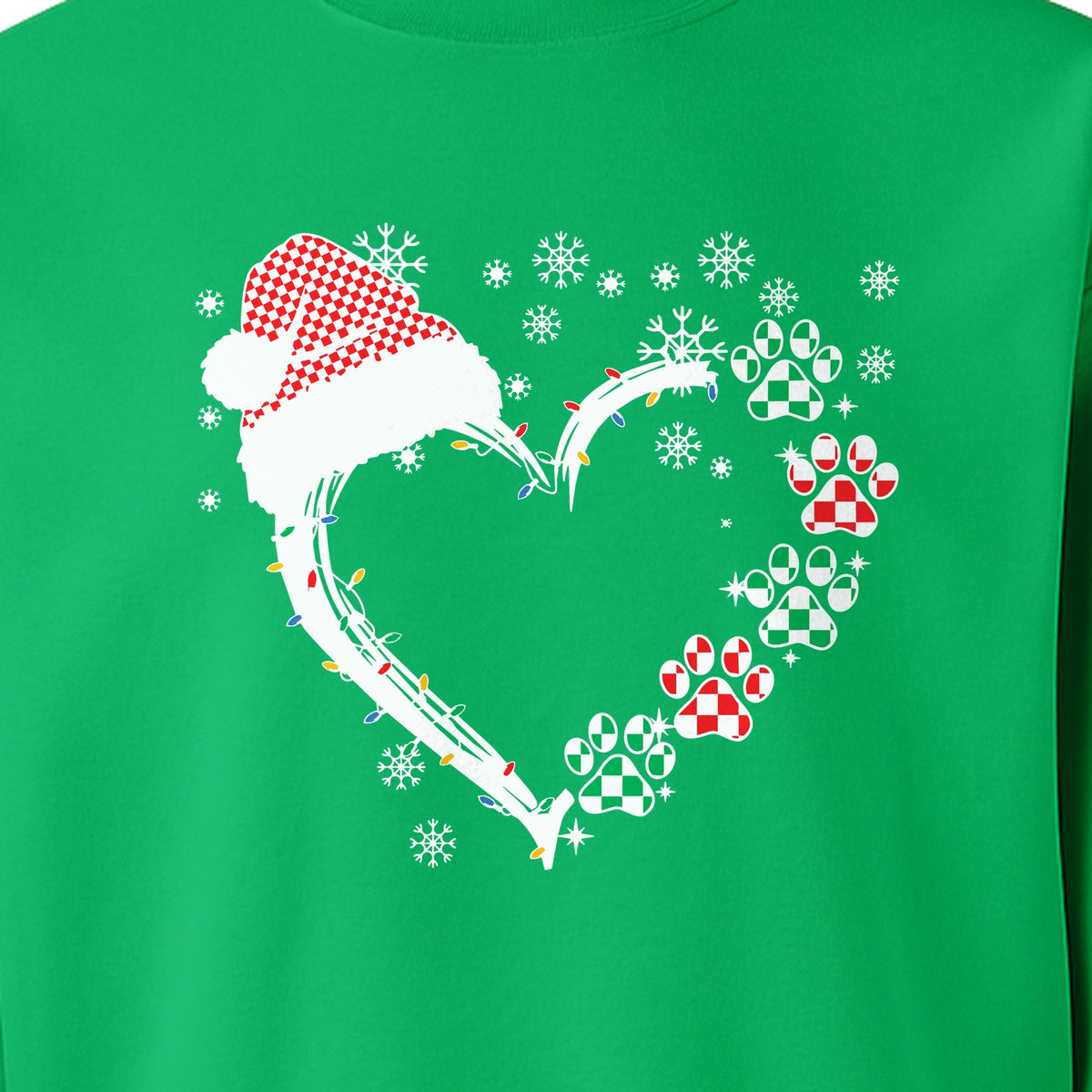 Christmas Dog Paw Heart Sweatshirt, Santa Hat and Light String Design for Pet Lovers