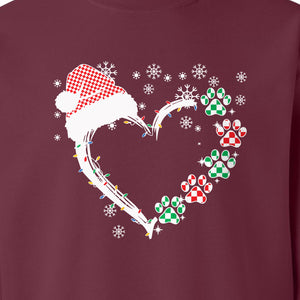 Christmas Dog Paw Heart Sweatshirt, Santa Hat and Light String Design for Pet Lovers