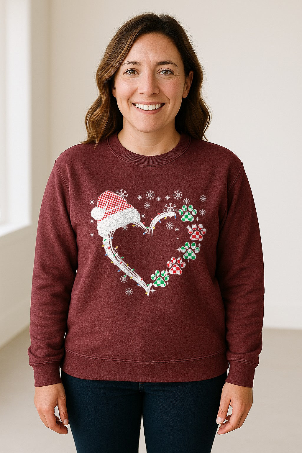 Christmas Dog Paw Heart Sweatshirt, Santa Hat and Light String Design for Pet Lovers