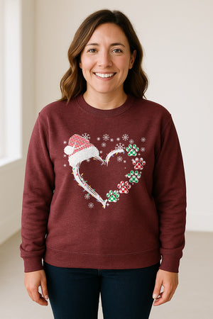 Christmas Dog Paw Heart Sweatshirt, Santa Hat and Light String Design for Pet Lovers