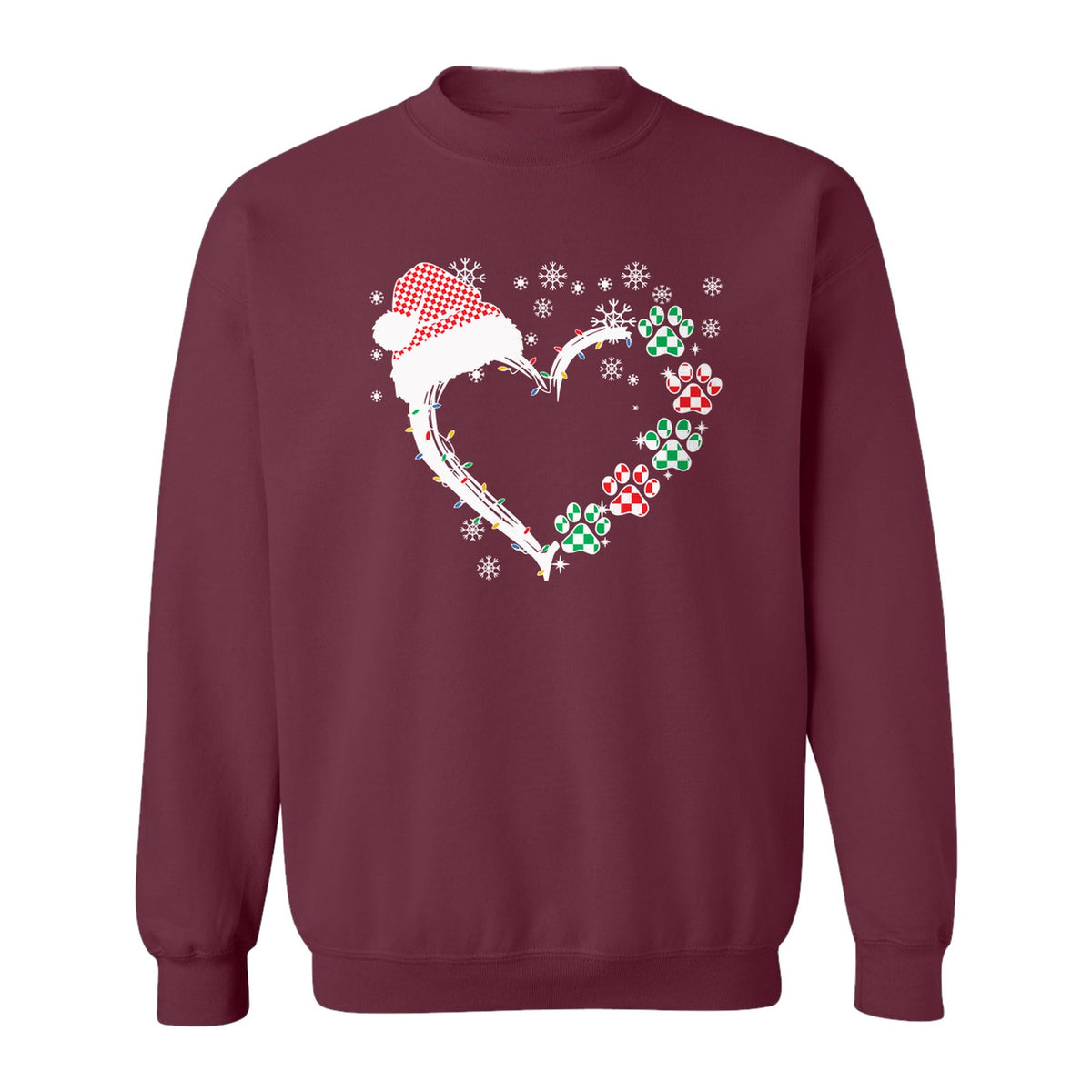 Christmas Dog Paw Heart Sweatshirt, Santa Hat and Light String Design for Pet Lovers