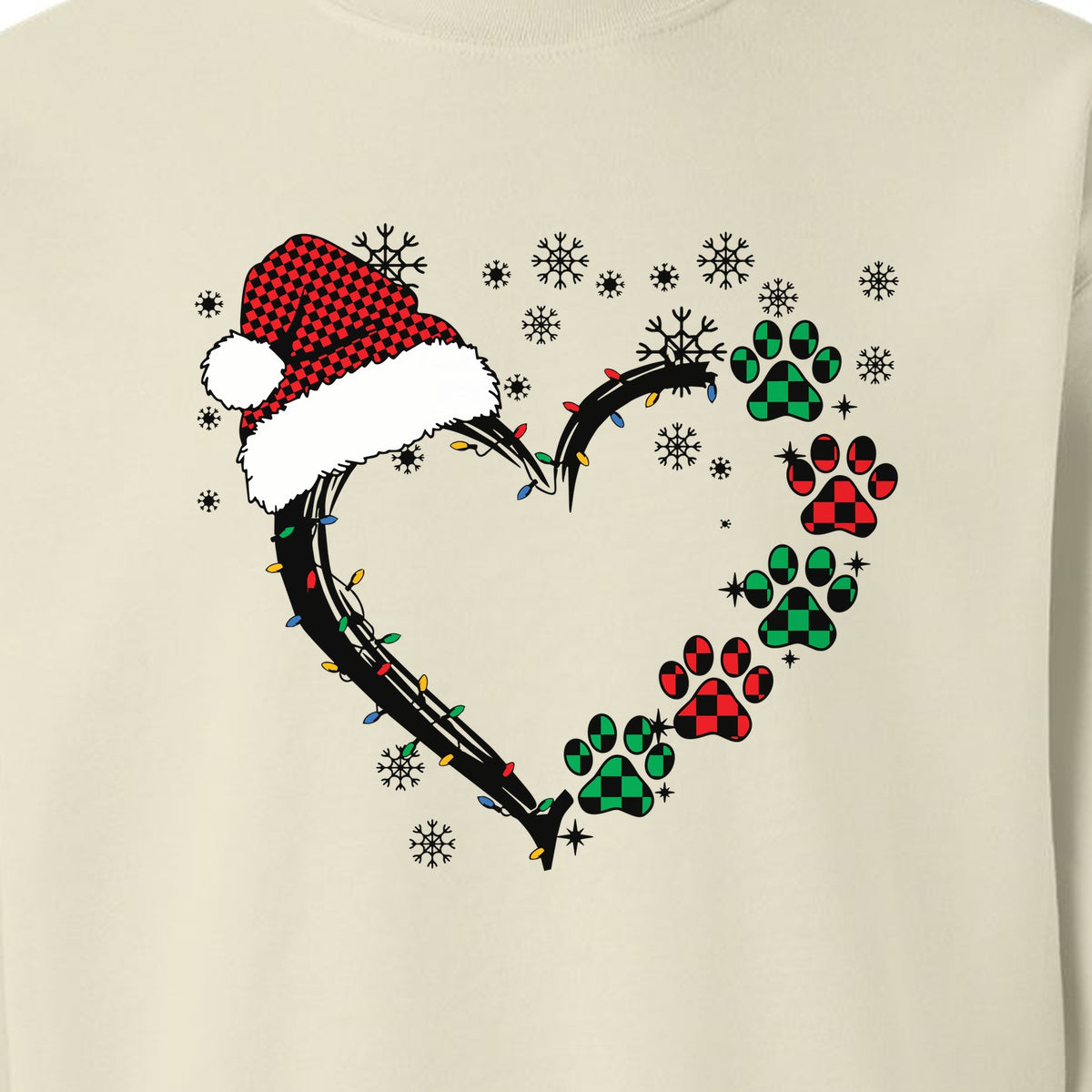 Christmas Dog Paw Heart Sweatshirt, Santa Hat and Light String Design for Pet Lovers
