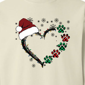 Christmas Dog Paw Heart Sweatshirt, Santa Hat and Light String Design for Pet Lovers