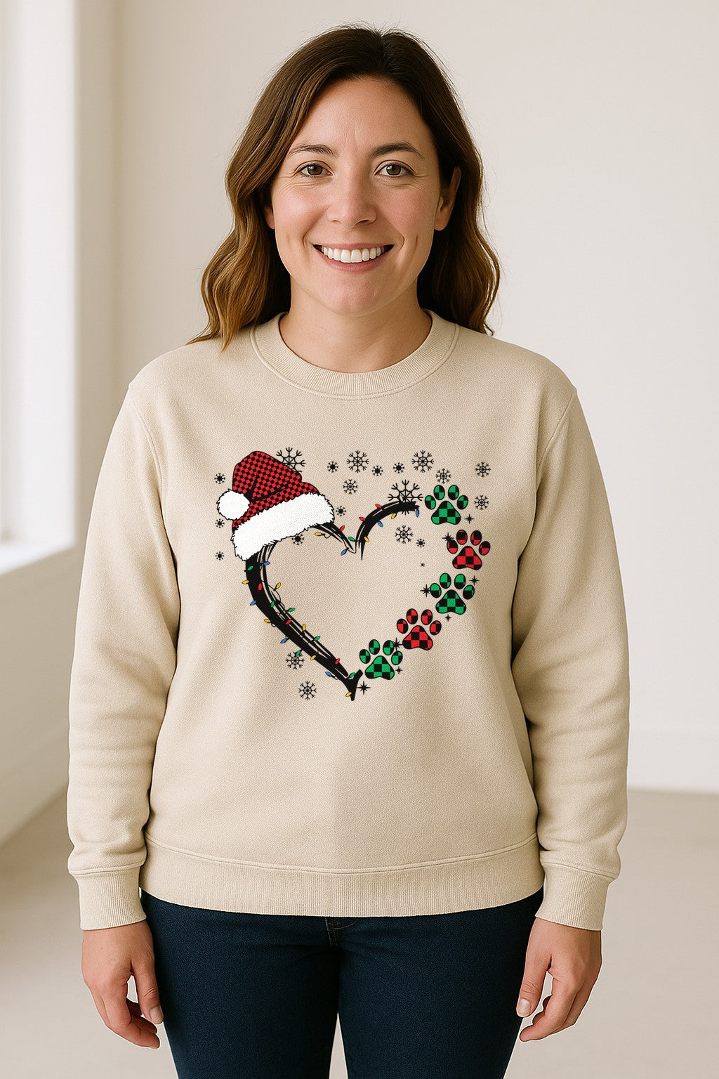 Christmas Dog Paw Heart Sweatshirt, Santa Hat and Light String Design for Pet Lovers