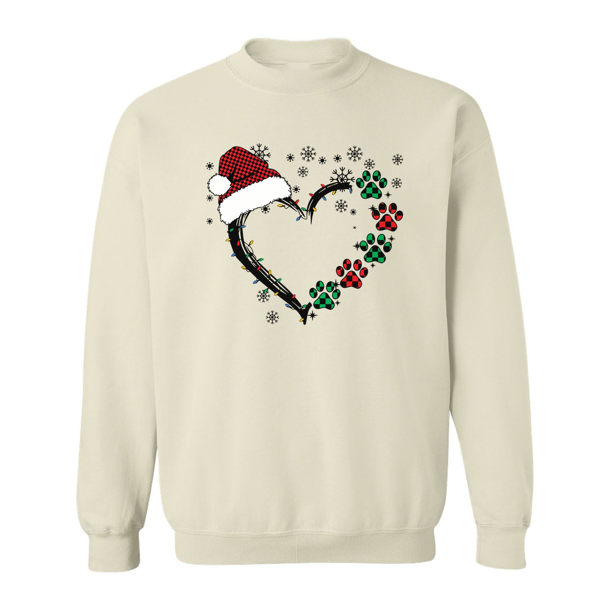 Christmas Dog Paw Heart Sweatshirt, Santa Hat and Light String Design for Pet Lovers
