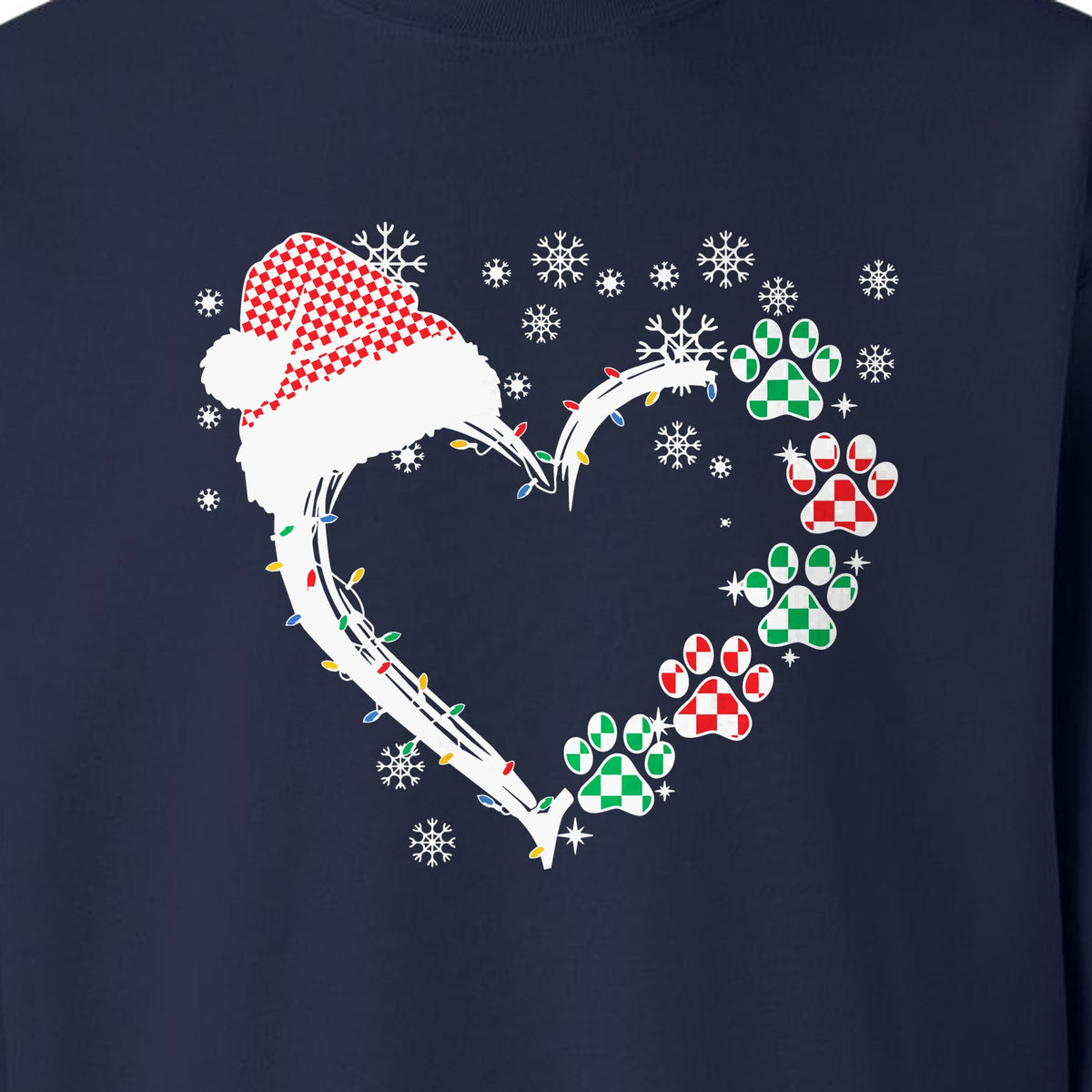 Christmas Dog Paw Heart Sweatshirt, Santa Hat and Light String Design for Pet Lovers