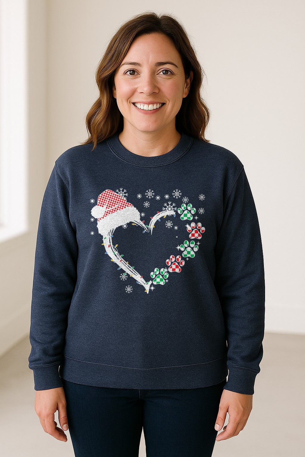 Christmas Dog Paw Heart Sweatshirt, Santa Hat and Light String Design for Pet Lovers