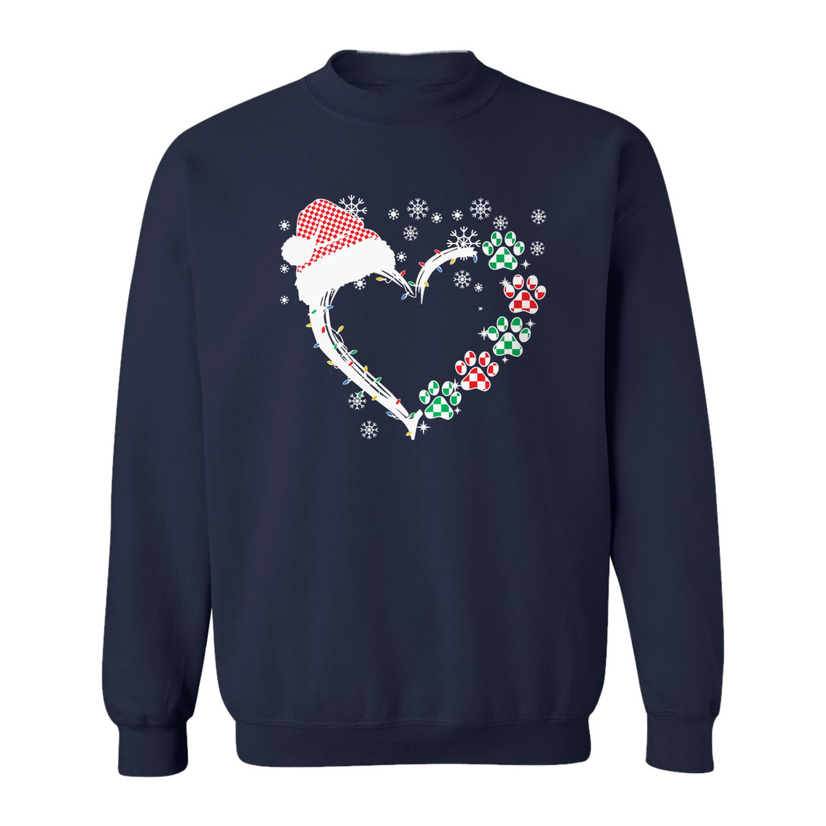 Christmas Dog Paw Heart Sweatshirt, Santa Hat and Light String Design for Pet Lovers