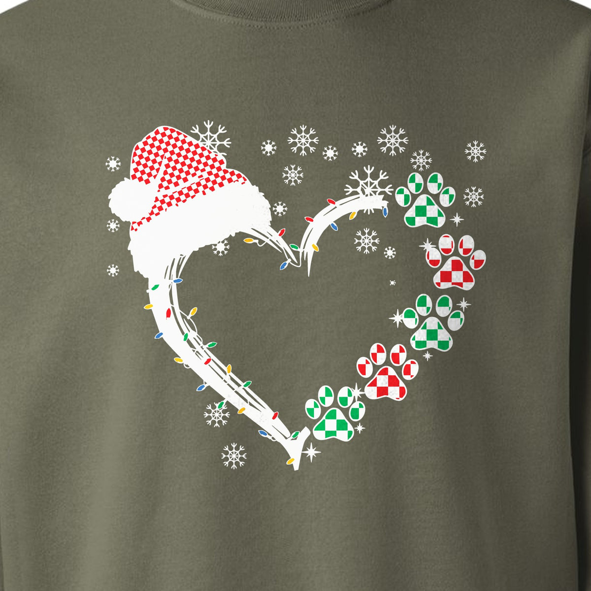 Christmas Dog Paw Heart Sweatshirt, Santa Hat and Light String Design for Pet Lovers