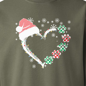 Christmas Dog Paw Heart Sweatshirt, Santa Hat and Light String Design for Pet Lovers