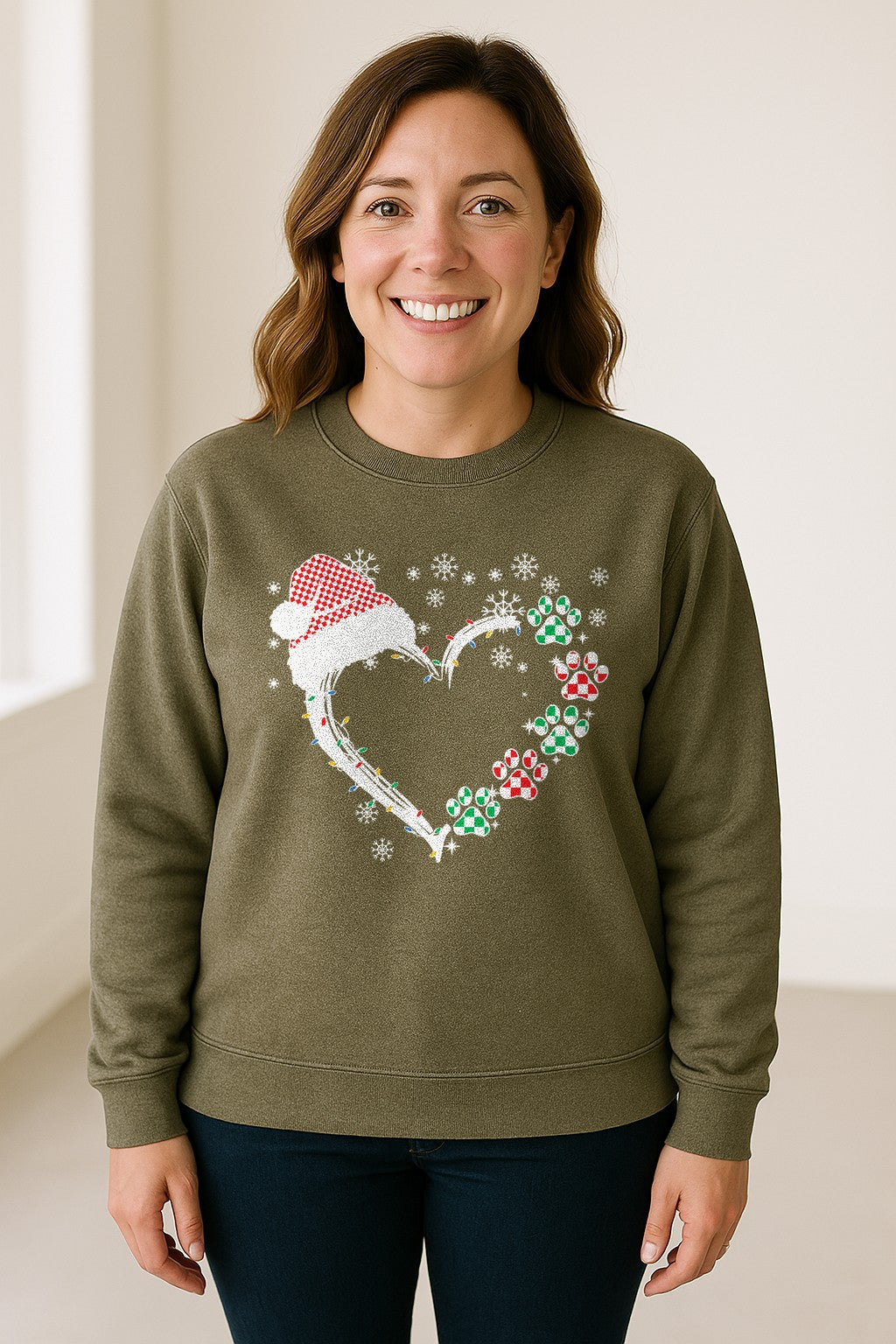 Christmas Dog Paw Heart Sweatshirt, Santa Hat and Light String Design for Pet Lovers
