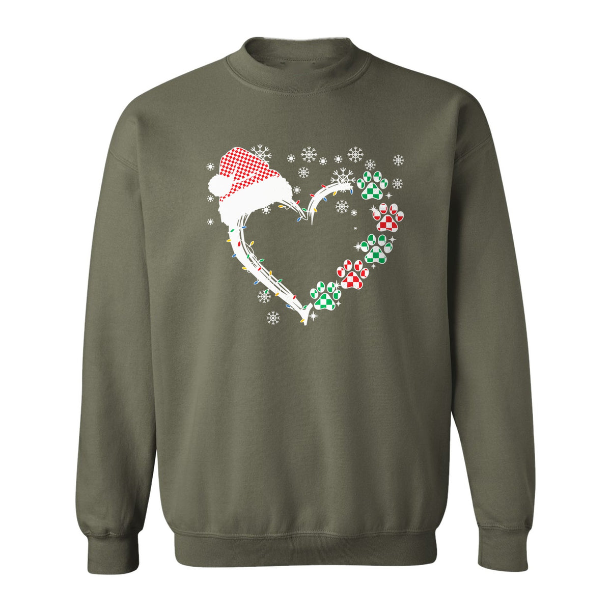 Christmas Dog Paw Heart Sweatshirt, Santa Hat and Light String Design for Pet Lovers