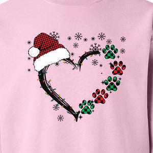 Christmas Dog Paw Heart Sweatshirt, Santa Hat and Light String Design for Pet Lovers