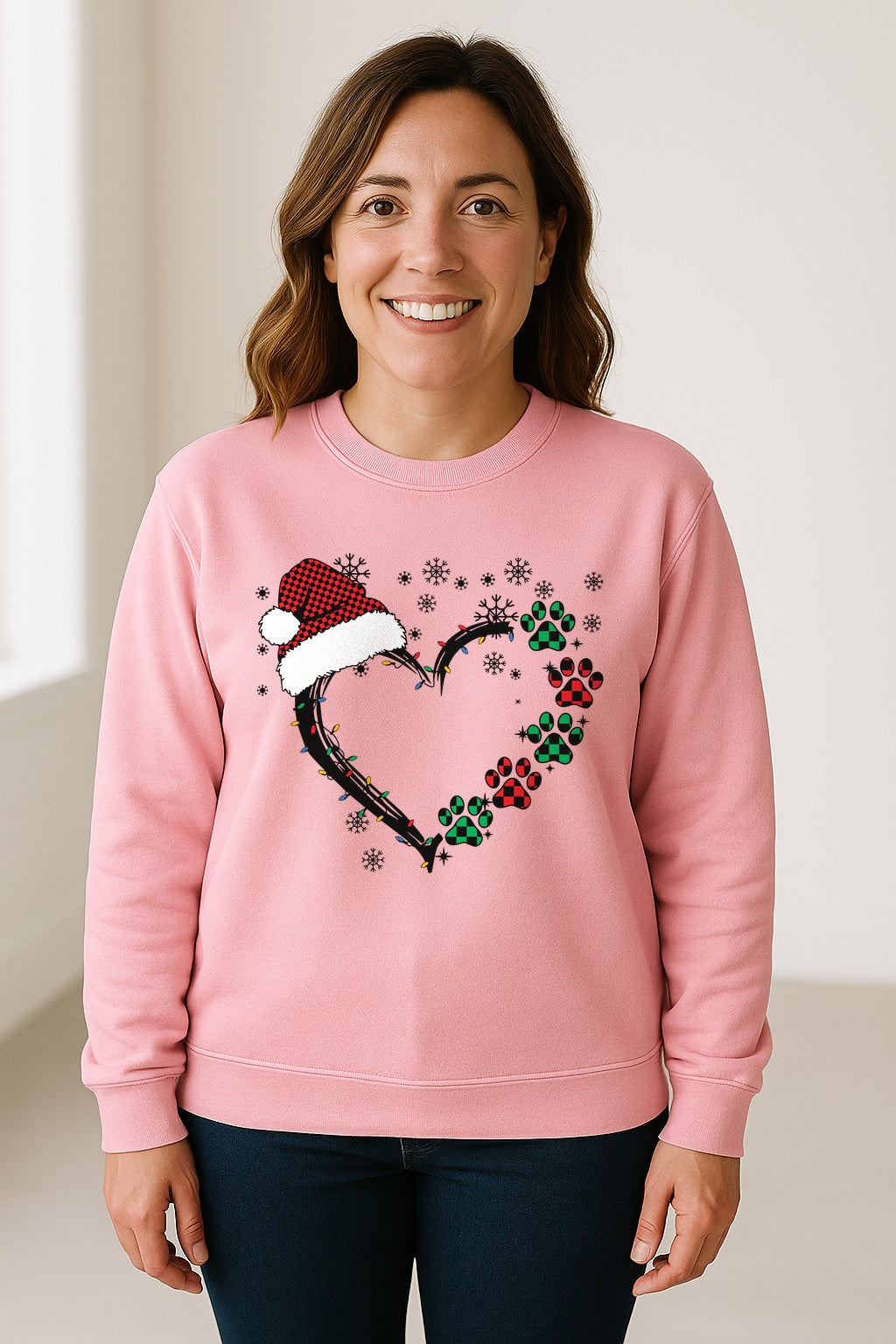Christmas Dog Paw Heart Sweatshirt, Santa Hat and Light String Design for Pet Lovers