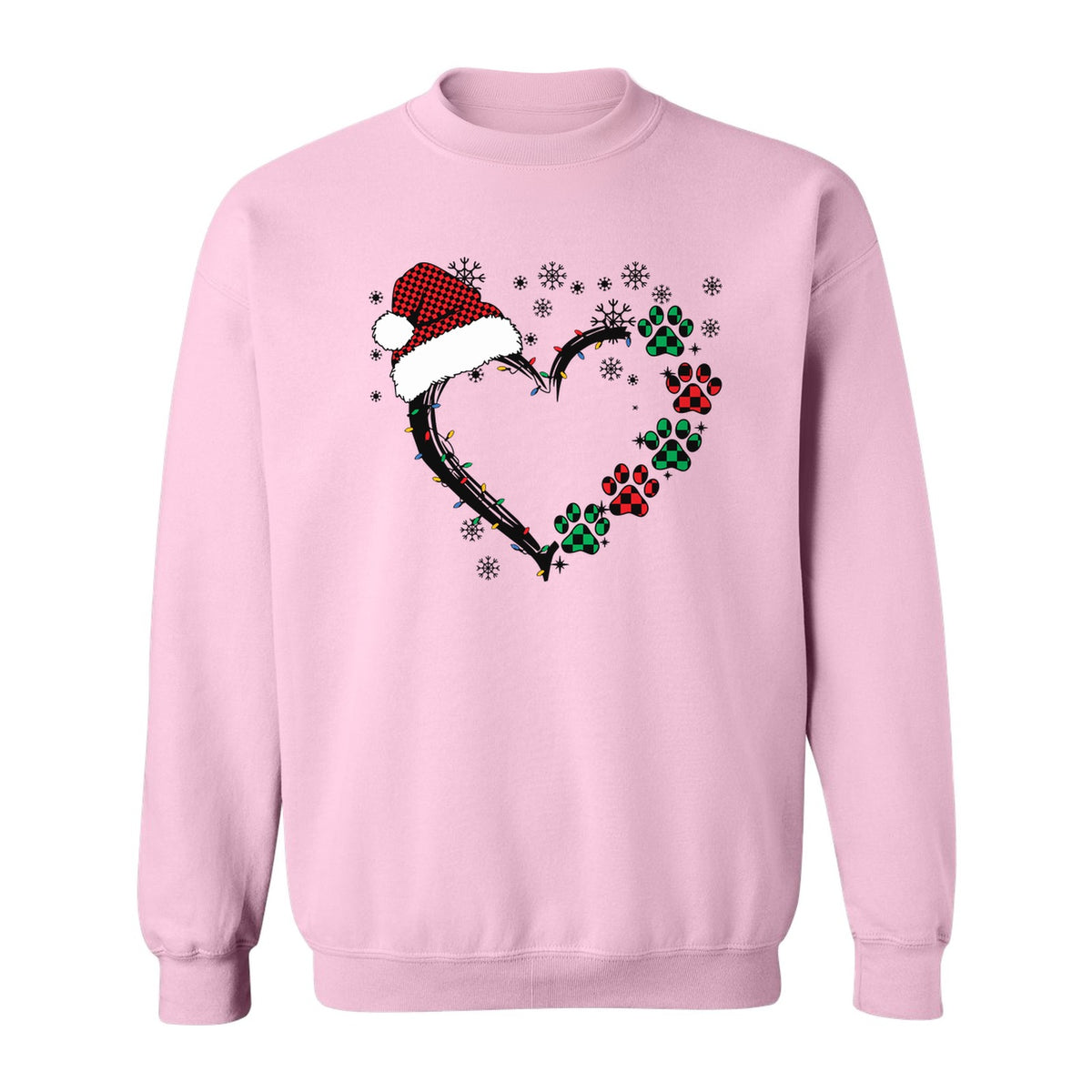 Christmas Dog Paw Heart Sweatshirt, Santa Hat and Light String Design for Pet Lovers