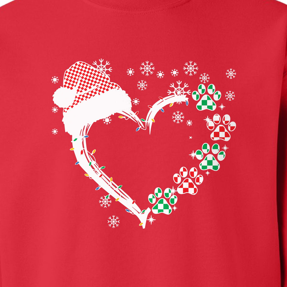 Christmas Dog Paw Heart Sweatshirt, Santa Hat and Light String Design for Pet Lovers