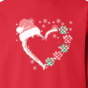 Christmas Dog Paw Heart Sweatshirt, Santa Hat and Light String Design for Pet Lovers